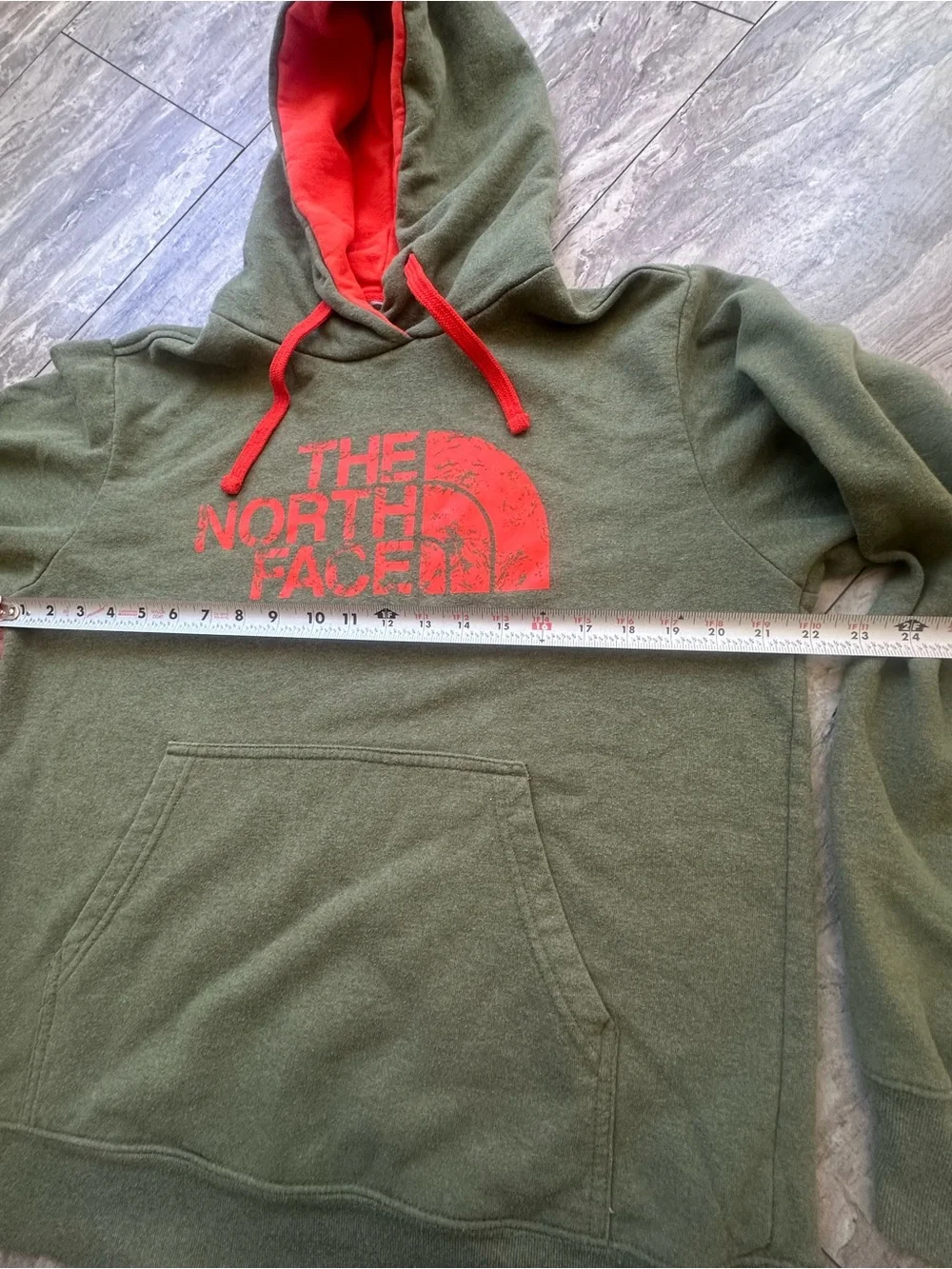 The North Face Olive Green Hoodie with Orange Logo